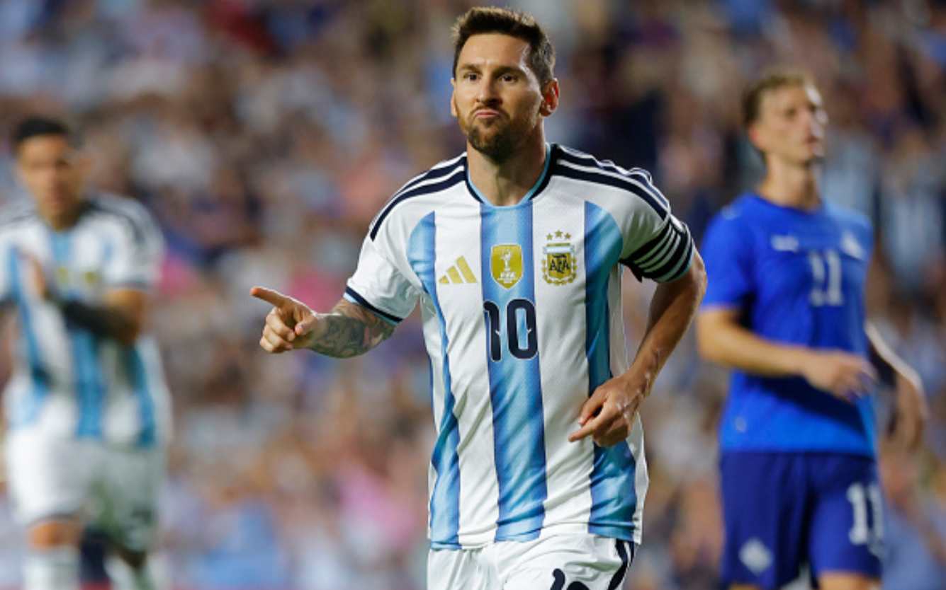 AUBURN, ALABAMA - JUNE 09: Lionel Messi of Argentina celebrates after scoring the team's second goal during the international friendly match between Argentina and Iceland at Jordan-Hare Stadium on June 09, 2026 in Auburn, Alabama. (Photo by Todd Kirkland/Getty Images)