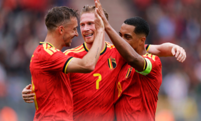 BRUSSEL, BELGIUM - JUNE 6: Kevin De Bruyne of Belgium celebrates 3-0 with Timothy Castagne of Belgium, Youri Tielemans of Belgium during the International Friendly match between Belgium v Tunisia at the Koning Boudewijn Stadium on June 6, 2026 in Brussel Belgium (Photo by Joris Verwijst/Soccrates/Getty Images)