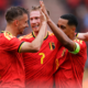 BRUSSEL, BELGIUM - JUNE 6: Kevin De Bruyne of Belgium celebrates 3-0 with Timothy Castagne of Belgium, Youri Tielemans of Belgium during the International Friendly match between Belgium v Tunisia at the Koning Boudewijn Stadium on June 6, 2026 in Brussel Belgium (Photo by Joris Verwijst/Soccrates/Getty Images)
