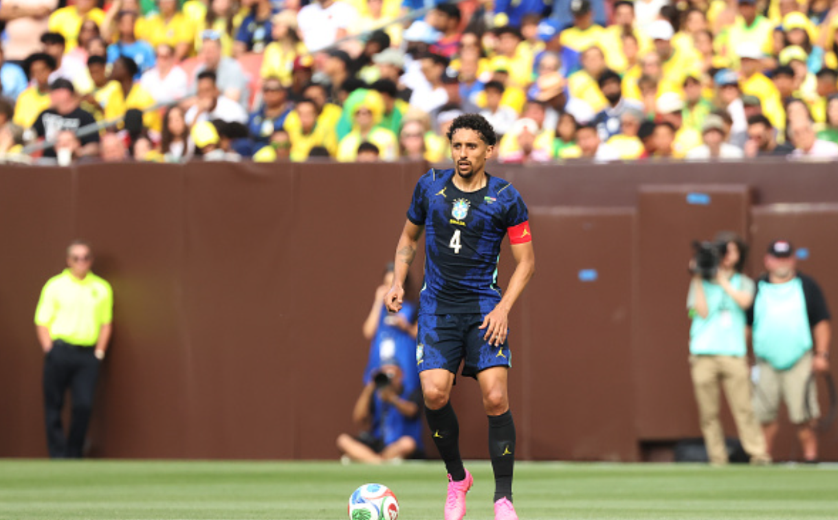 CLEVELAND, OHIO - JUNE 06: Marquinhos of Brazil controls the ball during the international friendly match between Brazil and Egypt at Huntington Bank Field on June 06, 2026 in Cleveland, Ohio. (Photo by Kirk Irwin/Getty Images)