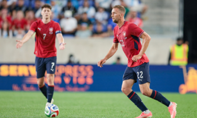 HARRISON, NEW JERSEY - JUNE 04: Tomá Souek #22 of Czechia controls the ball in front of Ladislav Krejí #7 in the first half of the international friendly match against Guatemala at Sports Illustrated Stadium on June 4, 2026 in Harrison, United States. (Photo by Vincent Carchietta/Getty Images)