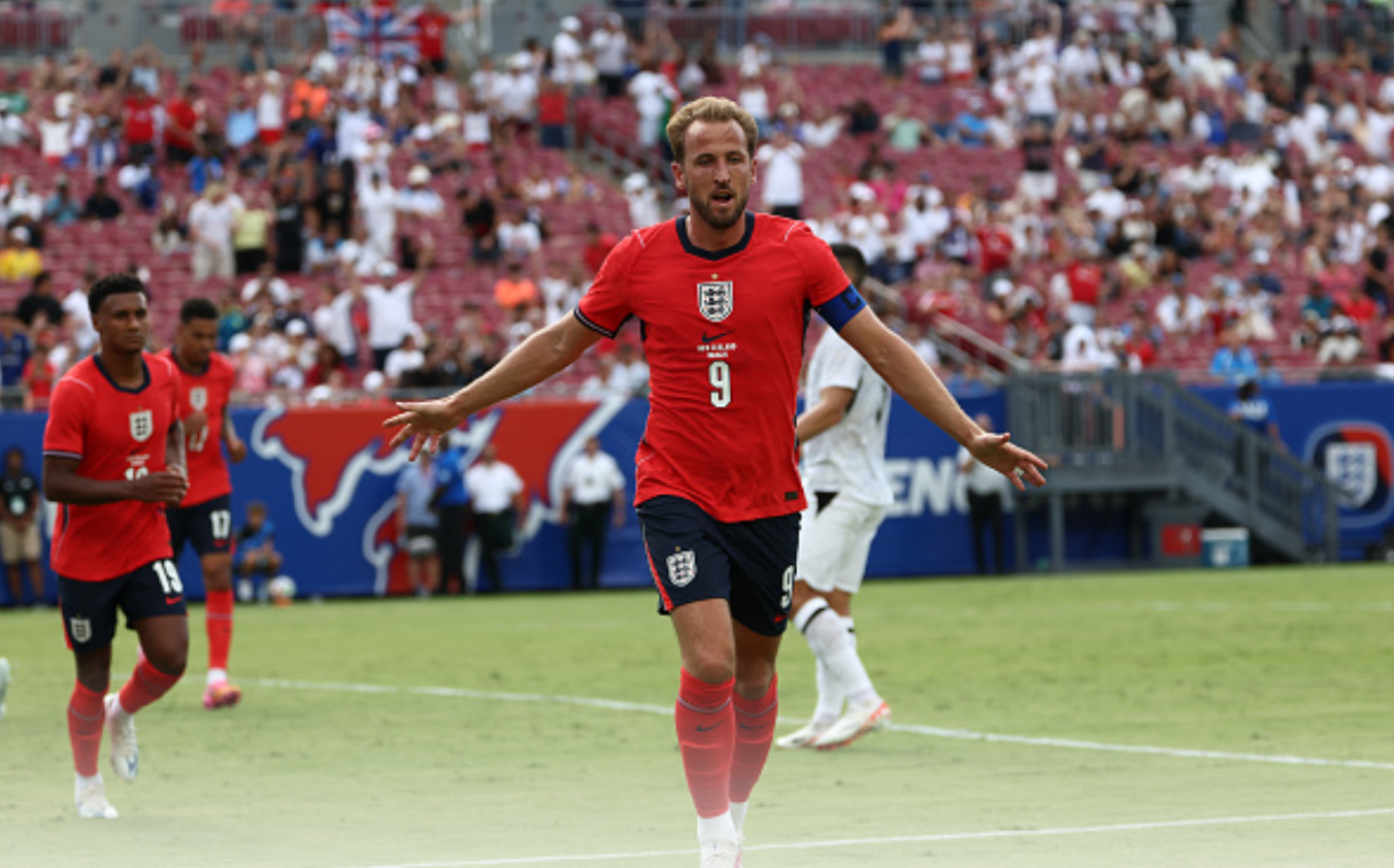 TAMPA, FL - JUNE 06: England forward Harry Kane (9) celebrates after his goal in the first half during the friendly soccer match between England and New Zealand on Saturday, June 6, 2026 at Raymond James Stadium in Tampa, FL (Photo by Peter Joneleit/Icon Sportswire via Getty Images)