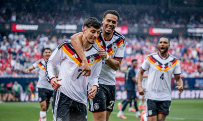 CHICAGO, ILLINOIS - JUNE 06: Kai Havertz of Germany celebrates after scoring his team's first goal with Jonathan Tah and Felix Nmecha during the international friendly match between United States and Germany at Soldier Field on June 06, 2026 in Chicago, Illinois. (Photo by Marvin Ibo Guengoer - GES Sportfoto/Getty Images)