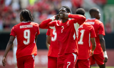 Switzerland's forward #7 Breel Embolo (C) celebrates scoring his team's first goal during a friendly football match between Switzerland and Jordan ahead of the 2026 FIFA World Cup football tournament at the Kybunpark stadium in St. Gallen on May 31, 2026. (Photo by Ennio LEANZA / AFP via Getty Images)