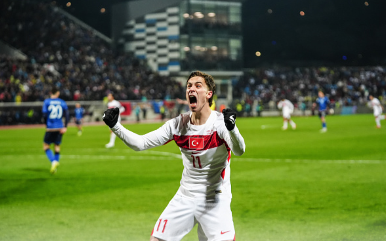 PRISTINA, KOSOVO - MARCH 31: Kenan Yildiz of Turkiye celebrates after a goal during the 2026 FIFA World Cup Europe Qualifiers play-off final match between Kosovo and Turkiye at the Fadil Vokrri Stadium in Pristina, Kosovo, on March 31, 2026. (Photo by Hakan Akgun/Anadolu via Getty Images)