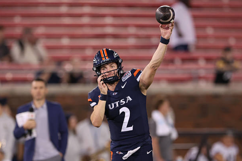 DALLAS, TEXAS - DECEMBER 26: Owen McCown #2 of the UTSA Roadrunners warms up prior to the 2025 SERVPRO First Responder Bowl against the FIU Panthers at Gerald J. Ford Stadium on December 26, 2025 in Dallas, Texas. (Photo by Sam Hodde/Getty Images)