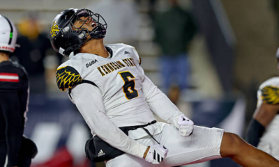 JACKSONVILLE, ALABAMA - DECEMBER 5: Marcus Patterson #6 of the Kennesaw State Owls celebrates after making a tackle for a loss against the Jacksonville State Gamecocks at AmFirst Stadium on December 5, 2025 in Jacksonville, Alabama. (Photo by Jason Clark/Getty Images)