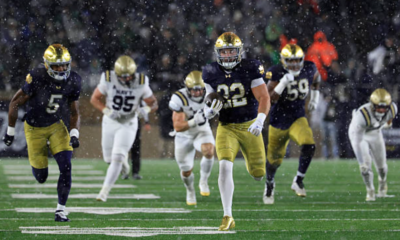 SOUTH BEND, INDIANA - NOVEMBER 08: Aneyas Williams #22 of the Notre Dame Fighting Irish runs for a touchdown against the Navy Midshipmen at Notre Dame Stadium on November 08, 2025 in South Bend, Indiana. (Photo by Justin Casterline/Getty Images)