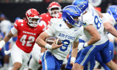 LAS VEGAS, NEVADA - OCTOBER 11: Liam Szarka #9 of the Air Force Falcons runs the ball against the UNLV Rebels in the first quarter of the game at Allegiant Stadium on October 11, 2025 in Las Vegas, Nevada. (Photo by Ian Maule/Getty Images)