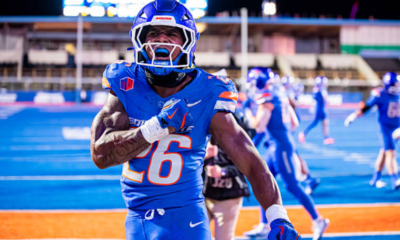BOISE, ID - OCTOBER 11: Boise State Broncos running back Sire Gaines (26) celebrates after a rushing touchdown during a college football game between the New Mexico Lobos and the Boise State Broncos on October 11, 2025, at Albertsons Stadium in Boise, ID. (Photo by Tyler Ingham/Icon Sportswire via Getty Images)