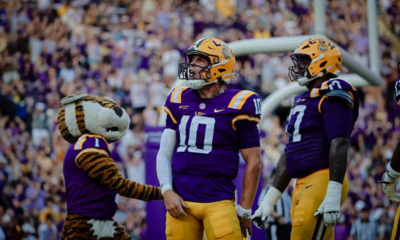 BATON ROUGE, LA - SEPTEMBER 12: Sam Leavitt #10 of the LSU Tigers celebrates after scoring on a touchdown run against the Louisiana Tech Bulldogs during the first half a game at Tiger Stadium on September 12, 2026 in Baton Rouge, Louisiana. (Photo by Derick Hingle/Icon Sportswire via Getty Images)