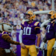 BATON ROUGE, LA - SEPTEMBER 12: Sam Leavitt #10 of the LSU Tigers celebrates after scoring on a touchdown run against the Louisiana Tech Bulldogs during the first half a game at Tiger Stadium on September 12, 2026 in Baton Rouge, Louisiana. (Photo by Derick Hingle/Icon Sportswire via Getty Images)