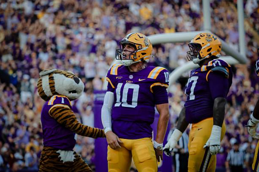 BATON ROUGE, LA - SEPTEMBER 12: Sam Leavitt #10 of the LSU Tigers celebrates after scoring on a touchdown run against the Louisiana Tech Bulldogs during the first half a game at Tiger Stadium on September 12, 2026 in Baton Rouge, Louisiana. (Photo by Derick Hingle/Icon Sportswire via Getty Images)