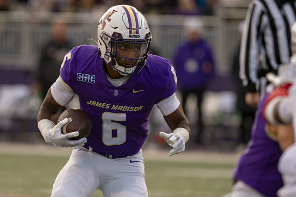 HARRISONBURG, VIRGINIA - NOVEMBER 22: George Pettaway #6 of James Madison Dukes in action in the fourth quarter during a game against Washington State Cougars at Bridgeforth Stadium on November 22, 2025 in Harrisonburg, Virginia. (Photo by Brien Aho/Getty Images)