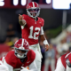 TUSCALOOSA, ALABAMA - SEPTEMBER 26: Keelon Russell #12 of the Alabama Crimson Tide makes an adjustment prior to the snap during the first quarter against the South Carolina Gamecocks at Bryant-Denny Stadium on September 26, 2026 in Tuscaloosa, Alabama. (Photo by Jason Clark/Getty Images)