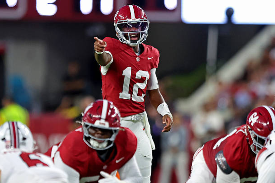 TUSCALOOSA, ALABAMA - SEPTEMBER 26: Keelon Russell #12 of the Alabama Crimson Tide makes an adjustment prior to the snap during the first quarter against the South Carolina Gamecocks at Bryant-Denny Stadium on September 26, 2026 in Tuscaloosa, Alabama. (Photo by Jason Clark/Getty Images)