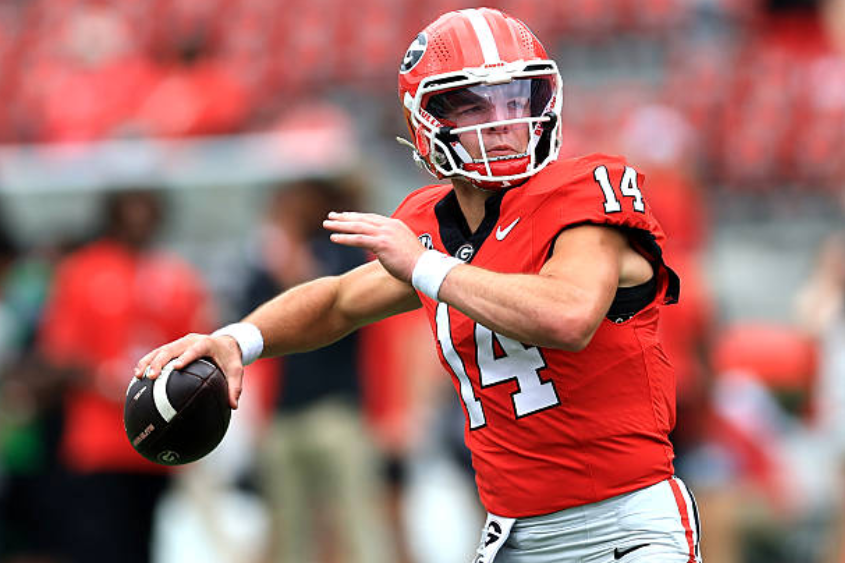 ATHENS, GA - OCTOBER 03: Quarterback Gunner Stockton #14 of the Georgia Bulldogs warms up on the field prior to the college football game between the Vanderbilt Commodores and the University of Georgia Bulldogs on October 03, 2026 at Sanford Stadium in Athens, GA. (Photo by Jeff Robinson/Icon Sportswire via Getty Images)
