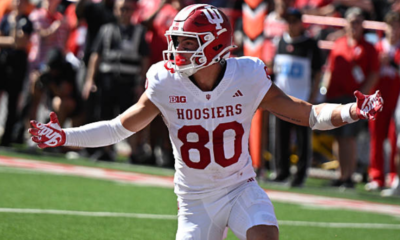 LINCOLN, NEBRASKA - OCTOBER 10: Charlie Becker #80 of the Indiana Hoosiers signals against the Nebraska Cornhuskers during the second half at Memorial Stadium on October 10, 2026 in Lincoln, Nebraska. (Photo by Steven Branscombe/Getty Images)